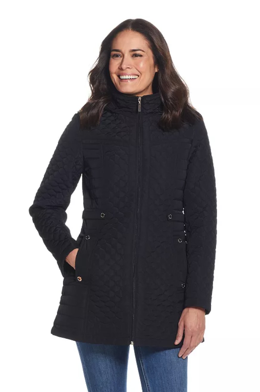 Close-up of Gallery Coats quilted jacket with gold-tone hardware detail and structured collar